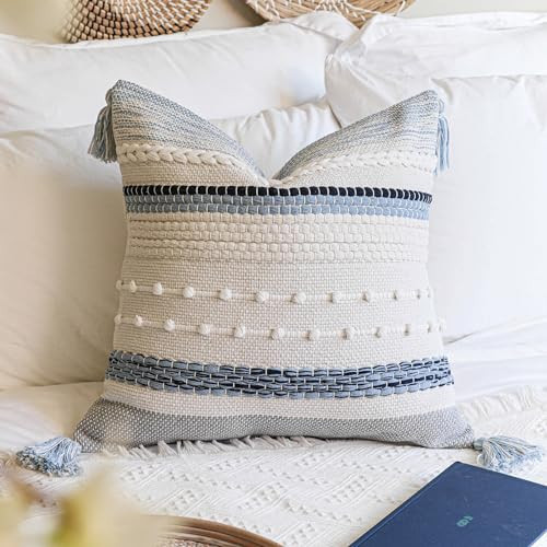 BlissBlush Coastal Blue Boho Decorative Throw Pillow Cover 22x22 Modern Bohemian Accent Pillow Case Square Woven Textured Farmhouse Pillows for Couch Bed (Pack of 1) | Amazon (US)