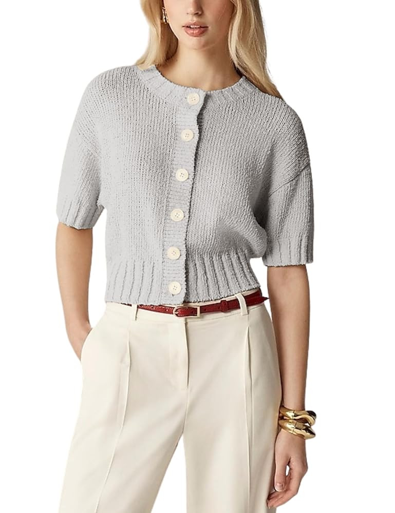 Womens 2025 Lightweight Cardigan Short Sleeve Knit Button Down Cropped Pullover Ribbled Sweater | Amazon (US)