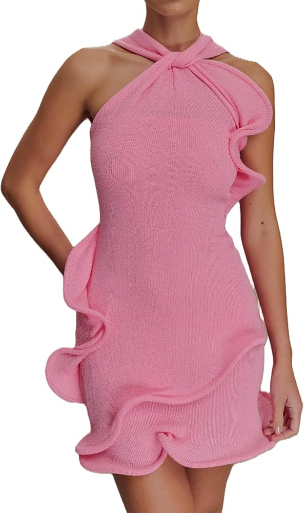 Women Knitted Mini Dress Sleeveless Crochet Sheer Bodycon Short Dresses Y2k Sexy Beach Vacation C... | Amazon (US)