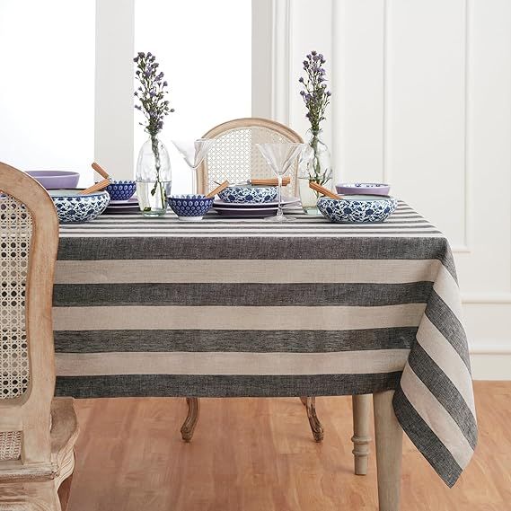 Solino Home Cabana Stripe Linen Tablecloth 60 x 90 Inch – 100% Pure Linen Black and Natural Tab... | Amazon (US)