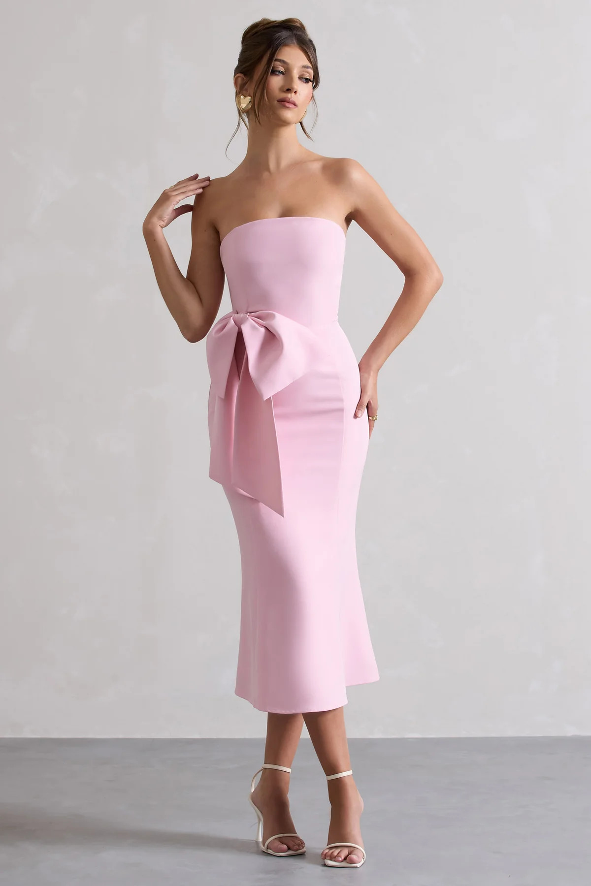 To Me | Pink Bandeau Midi Dress With Oversized Bow | Club L London