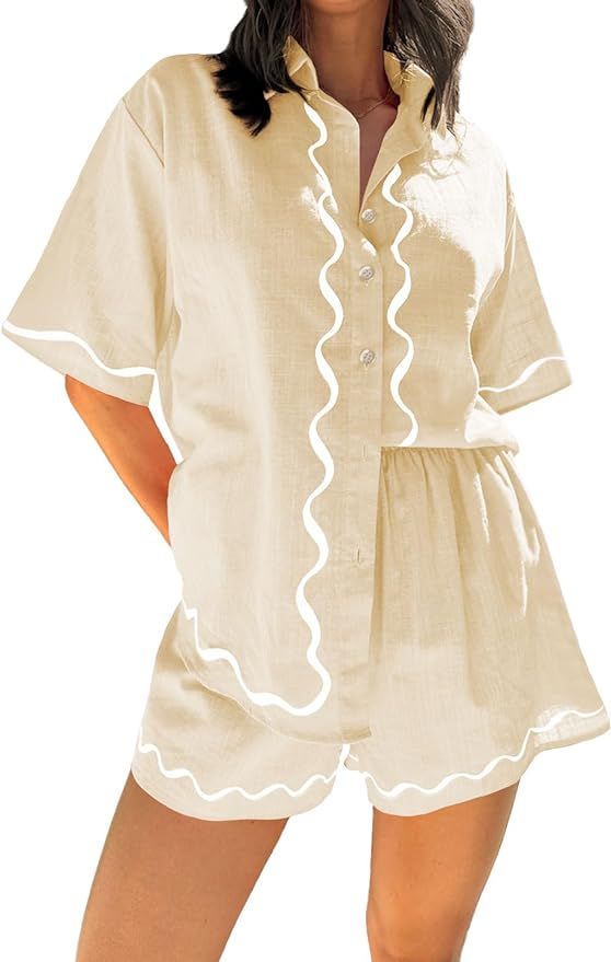 RAISECOM Women's 2 Piece Outfits Sets Button Down Short Sleeve Shirts and Shorts Pajama Sets Summ... | Amazon (US)