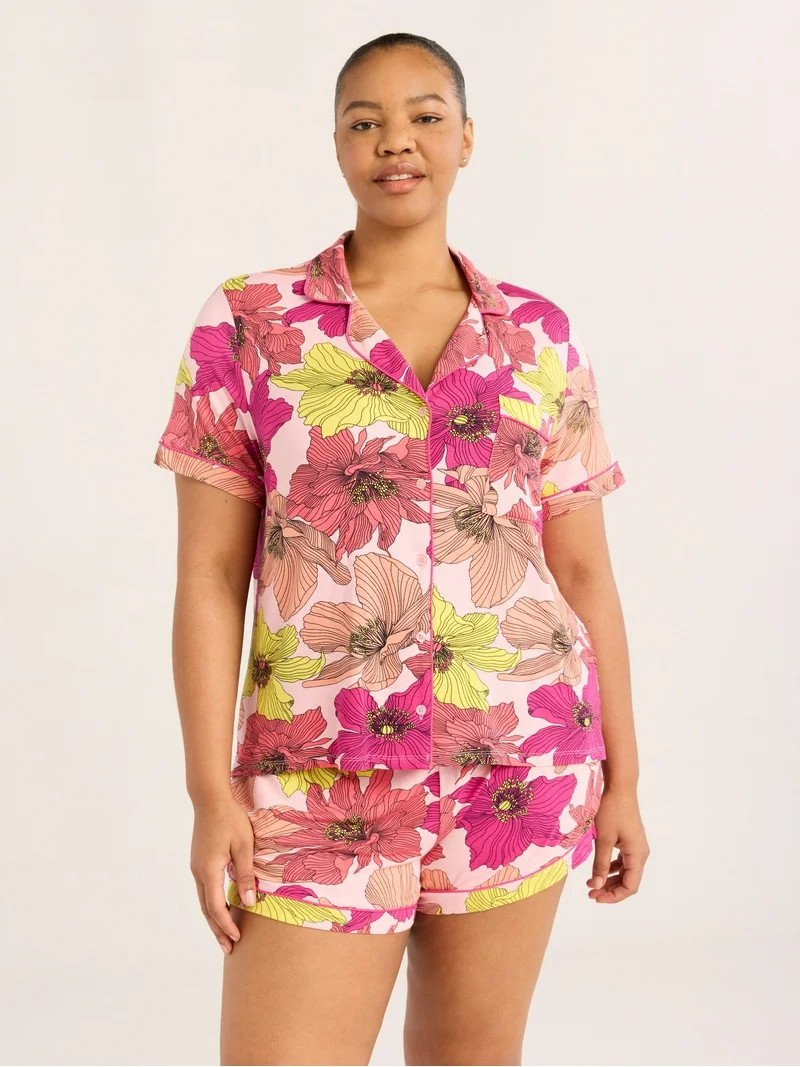 Joyspun Women’s Notch Collar Top and Shorts Pajama Set with Piping, 2-Piece, Sizes XS-3X | Walmart (US)