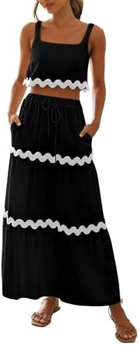 PRETTYGARDEN Women's Summer 2 Piece Beach Outfit Casual Sleeveless Cropped Tank Top High Waisted ... | Amazon (US)