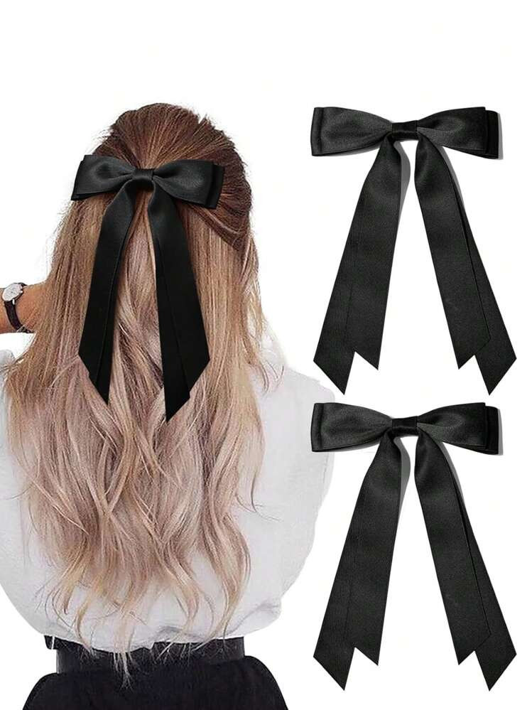 2 Pcs Hair Bows Clips For Women, Black Bow Cute Bow Hair Clips For Women Ribbons Bow Barrettes Satin Hair Bows Long Tail Clips On Bows Party Hair Accessories Claw Clips | SHEIN