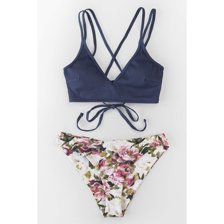 Cupshe Women's Blue Floral Lace Up Two Pieces Bikini Swimsuit Set, S - Walmart.com | Walmart (US)