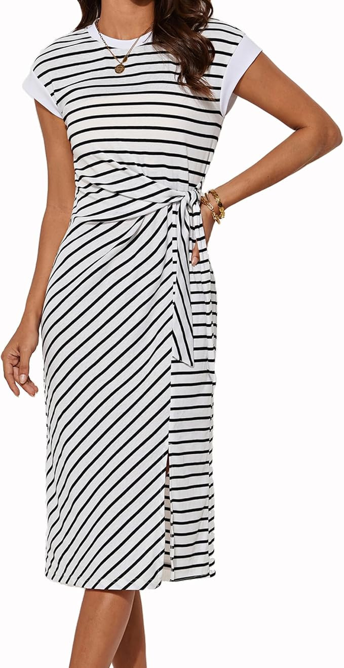 GRACE KARIN Women's Summer Striped Round Neck Cap Sleeve Casual Tie Waist Side Split Bodycon Penc... | Amazon (US)
