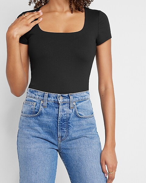 Body Contour Double Layer Ribbed Square Neck Thong Bodysuit | Express