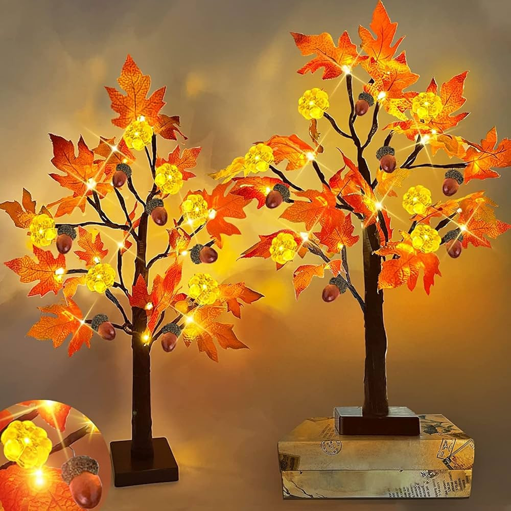 [ 2 Pack & Timer ] TURNMEON 24 Inch Fall Lighted Maple Tree Thanksgiving Decorations with 48 LEDs Pa | Amazon (US)