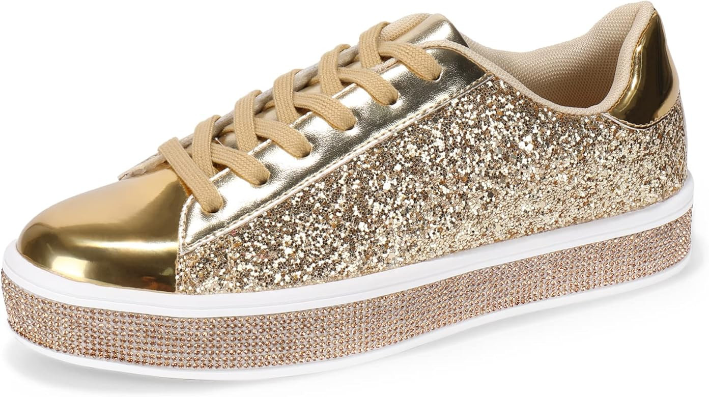 UUBARIS Women's Glitter Tennis Sneakers Neon Dressy Sparkly Sneakers Rhinestone Bling Wedding Bri... | Amazon (US)