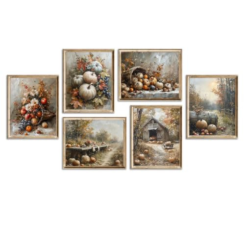 WINDVALE Vintage Autumn Wall Art, Country Harvest Prints, Rustic Cottage Pumpkin Decor, Barn and Fruit Pictures for Kitchen or Dining Room, Set of 6, Unframed 8 x 10 Inch | Amazon (UK)