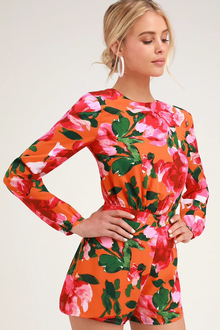 Sweetest Song Orange Floral Print Backless Long Sleeve Romper | Lulus (US)