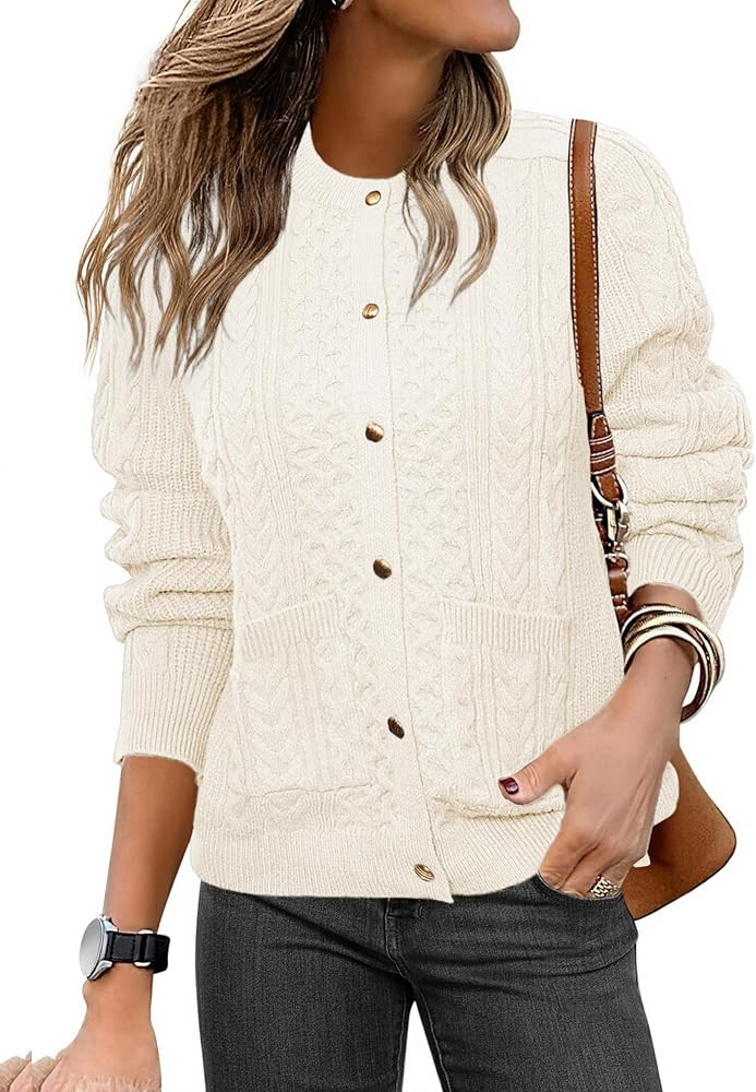 Glamaker Cable Knit Chunky Cardigan Sweater Long Sleeve Crew Neck Button Down Knit Fall Sweaters ... | Amazon (US)
