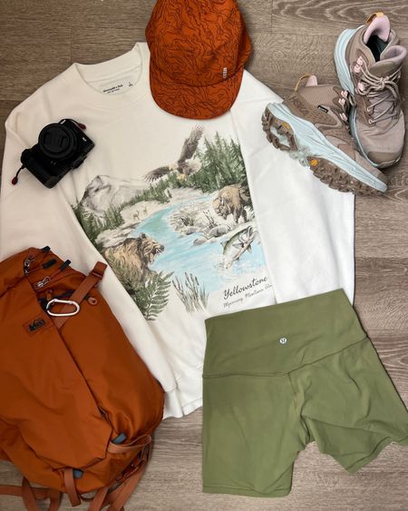 Hiking outfit with hoka hiking shoes, lululemon align shorts, Abercrombie sweatshirt, and rei backpack + hat! I loveee the Yellowstone national park graphic 🥰 🥾 

#LTKfitness #LTKsalealert #LTKtravel