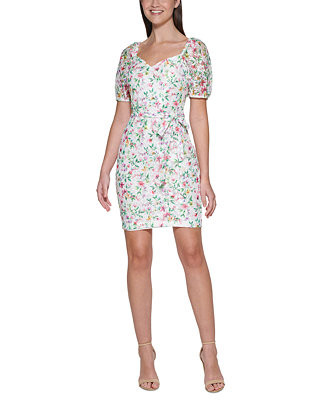 GUESS Printed Lace Puff-Sleeve Mini Dress & Reviews - Dresses - Women - Macy's | Macys (US)