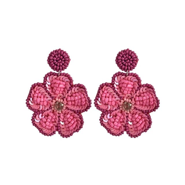 Time and Tru Female Adult Silver-Tone Fuschia Flower Seedbead Drop Earring | Walmart (US)