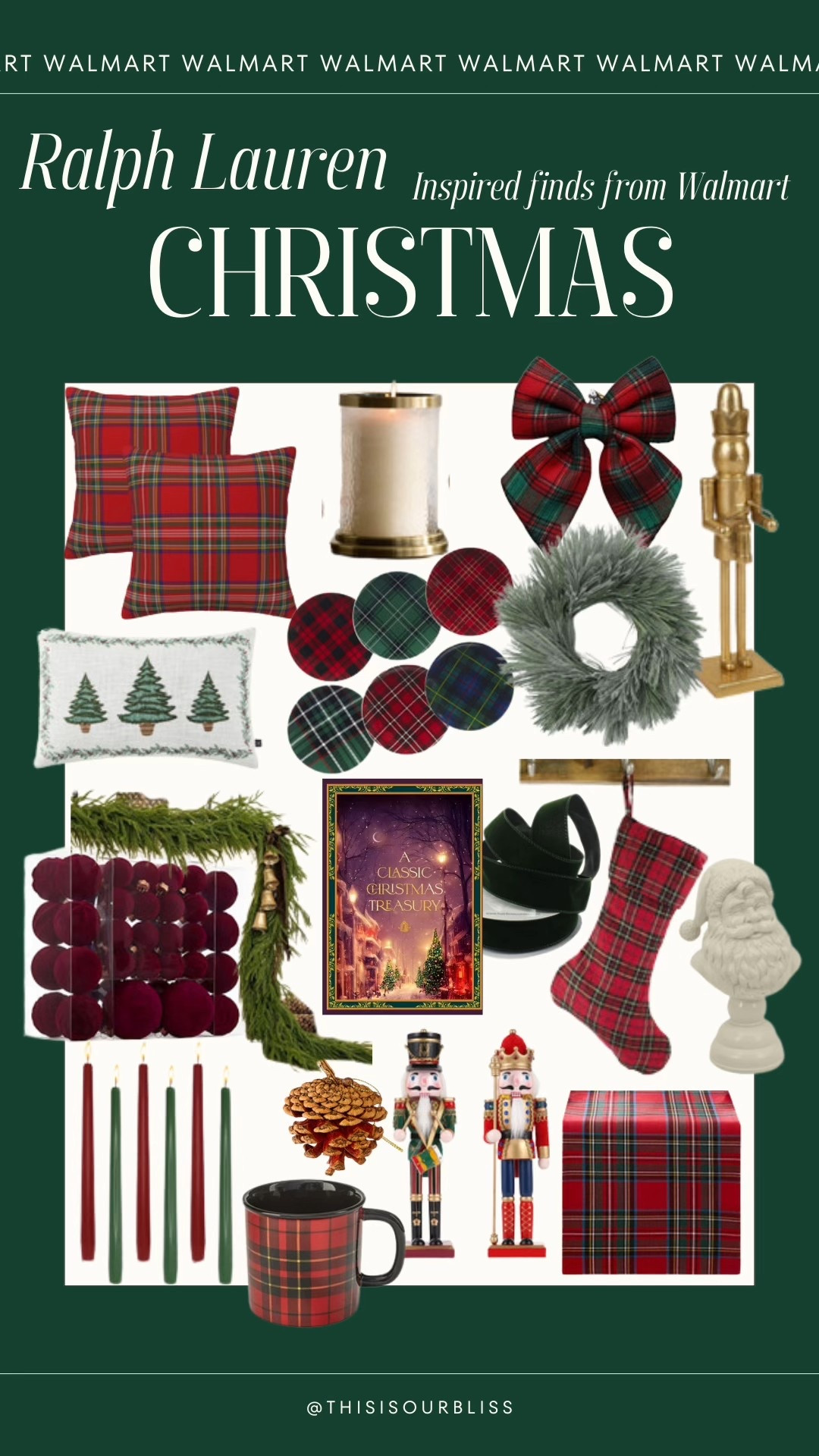 Ralph Lauren Christmas inspired finds at Walmart 🎄

- tartan plaid pillows
-  hurricane candle holder
- plaid bow
- Gold drummer boy Nutcracker
- classic Christmas tree pillow 
- plaid, appetizer plates
- wreath 
- velvet ornaments
- garland
- classic Christmas storybook for your coffee table
= velvet ribbon
- plaid stocking 
- classic Santa figurine 
- burgundy and Hunter Green flameless, taper candles
- pinecone ornaments
-Red tartan plaid table runner for your holiday table! Under $15!  ❤️

Walmart, Walmart holiday, Walmart Home, Ralph Lauren inspo, classical holiday decor, classic Christmas, Christmas tablescape, designer look for less

#LTKFindsUnder50 #LTKHoliday #LTKHome