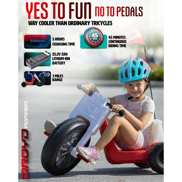 Droyd Romper Kids Electric Tricycle - Motorized Vehicle with Parental Speed Control, 24V Battery | Walmart (US)