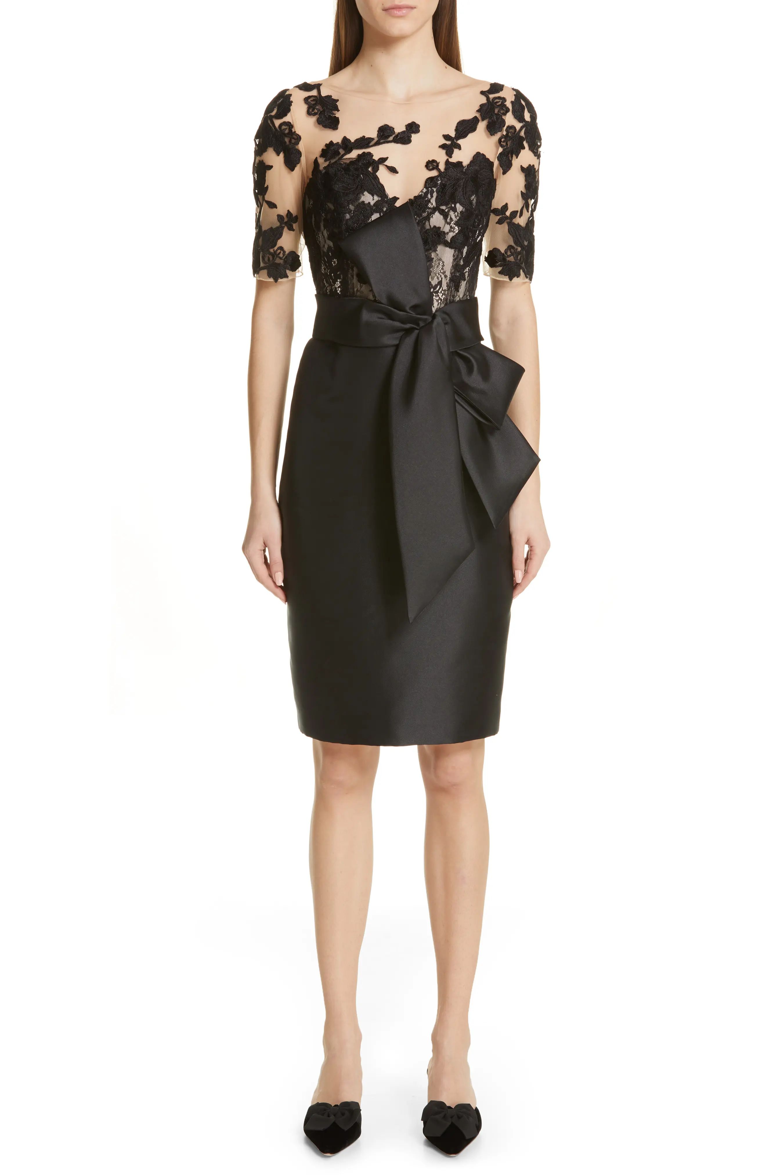 Badgley Mischka Collection Bow Waist Lace Bodice Sheath Evening Dress in Black at Nordstrom, Size 2 | Nordstrom