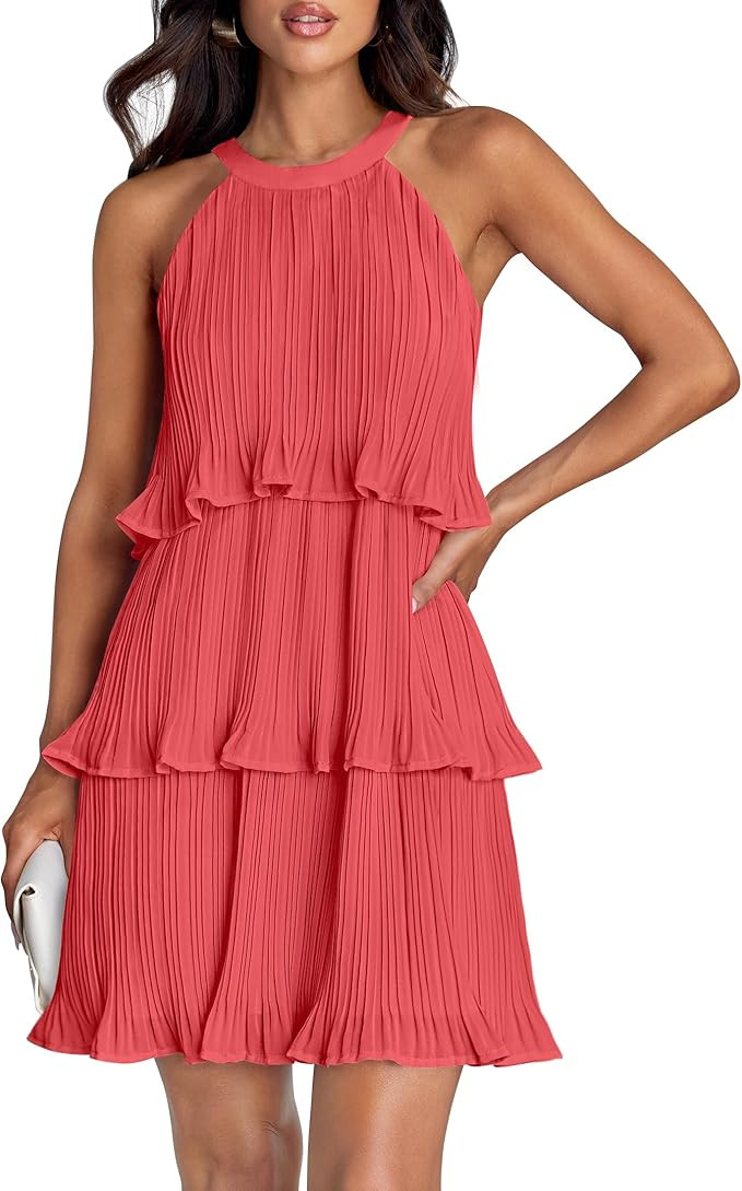 ZESICA Women's 2026 Summer Halter Cocktail Dresses Sleeveless Ruffle Tiered Chiffon Pleated Weddi... | Amazon (US)