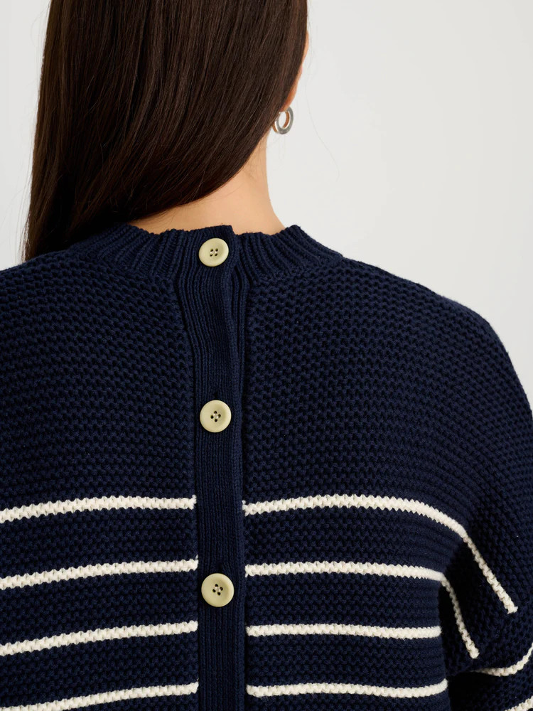 Button-Back Crewneck Sweater in Stripe | Alex Mill