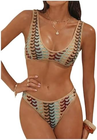 GORGLITTER Women's Chevron Crochet Knit High Waisted Tie Back Bikini Set | Amazon (US)
