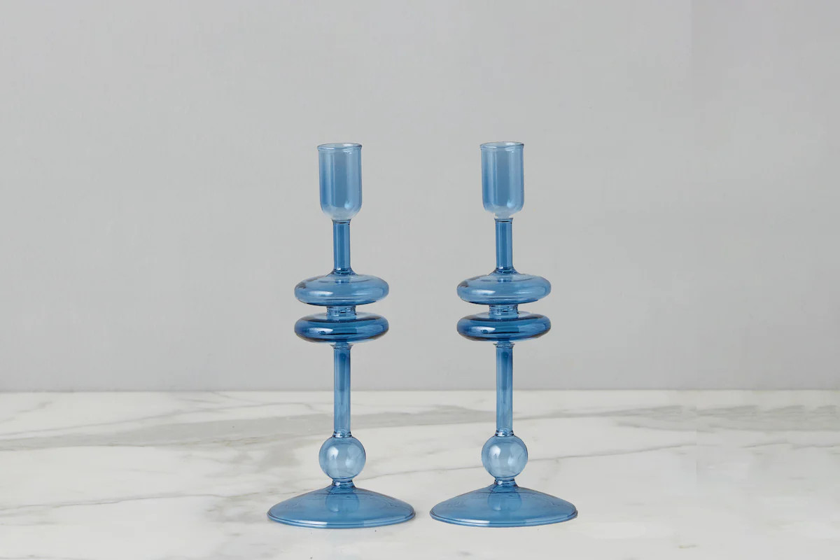 Sapphire Glass Candlestick Pair, Small | etúHOME