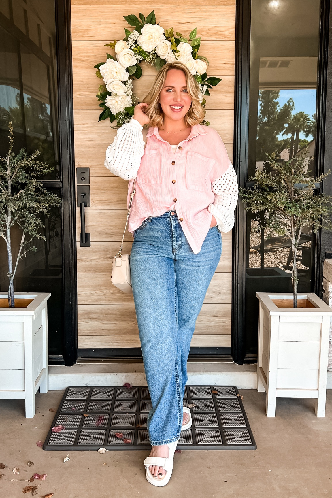 Top is on sale! 🎉 it’s a lightweight gauz fabric, which is perfect for summer! Paired it with my fav jeans! Loving that these white sandals match every outfit ☺️

#LTKmidsize #LTKbeauty #LTKfindsunder50
