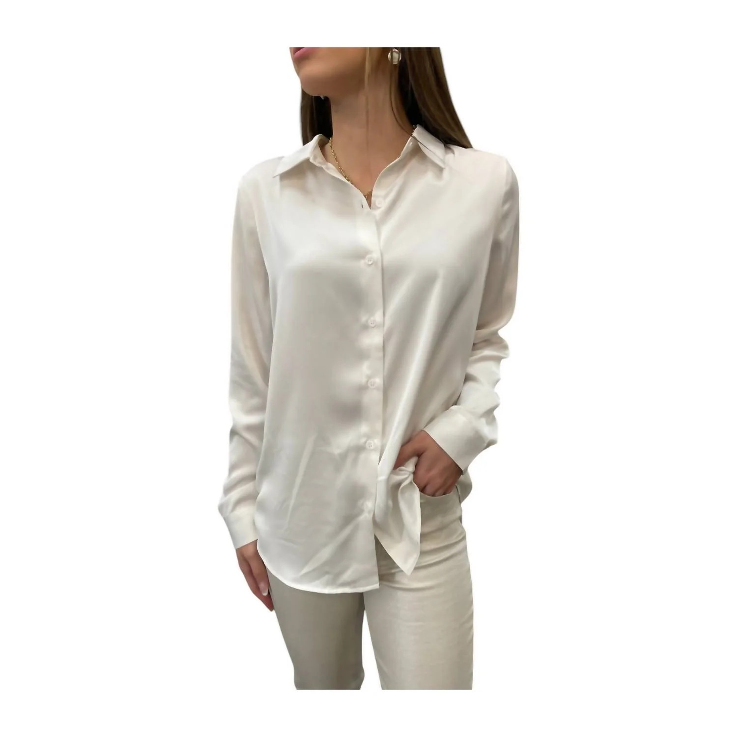 Classic Satin Button Down Top In Off White | Shop Simon