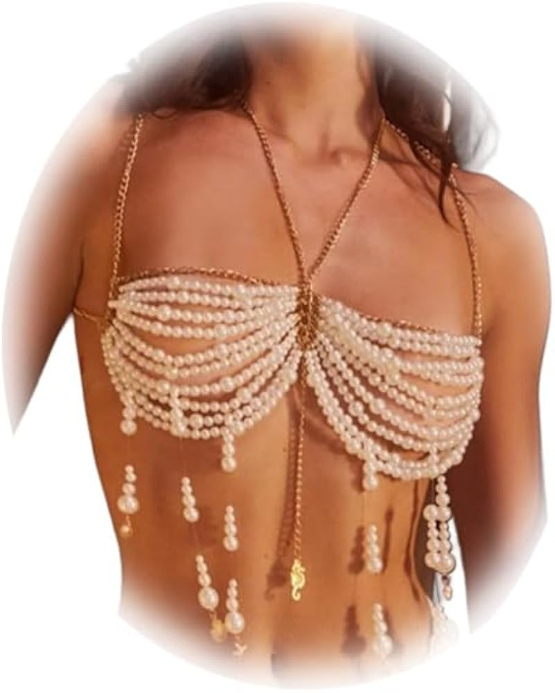 Sexy White Pearl Tassel Bra Body Chain Jewelry Summer Beach Beaded Underwear Chain Wedding Festiv... | Amazon (US)