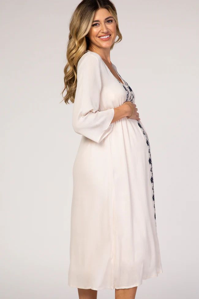 Beige Floral Embroidered 3/4 Sleeve Maternity Midi Dress | PinkBlush Maternity