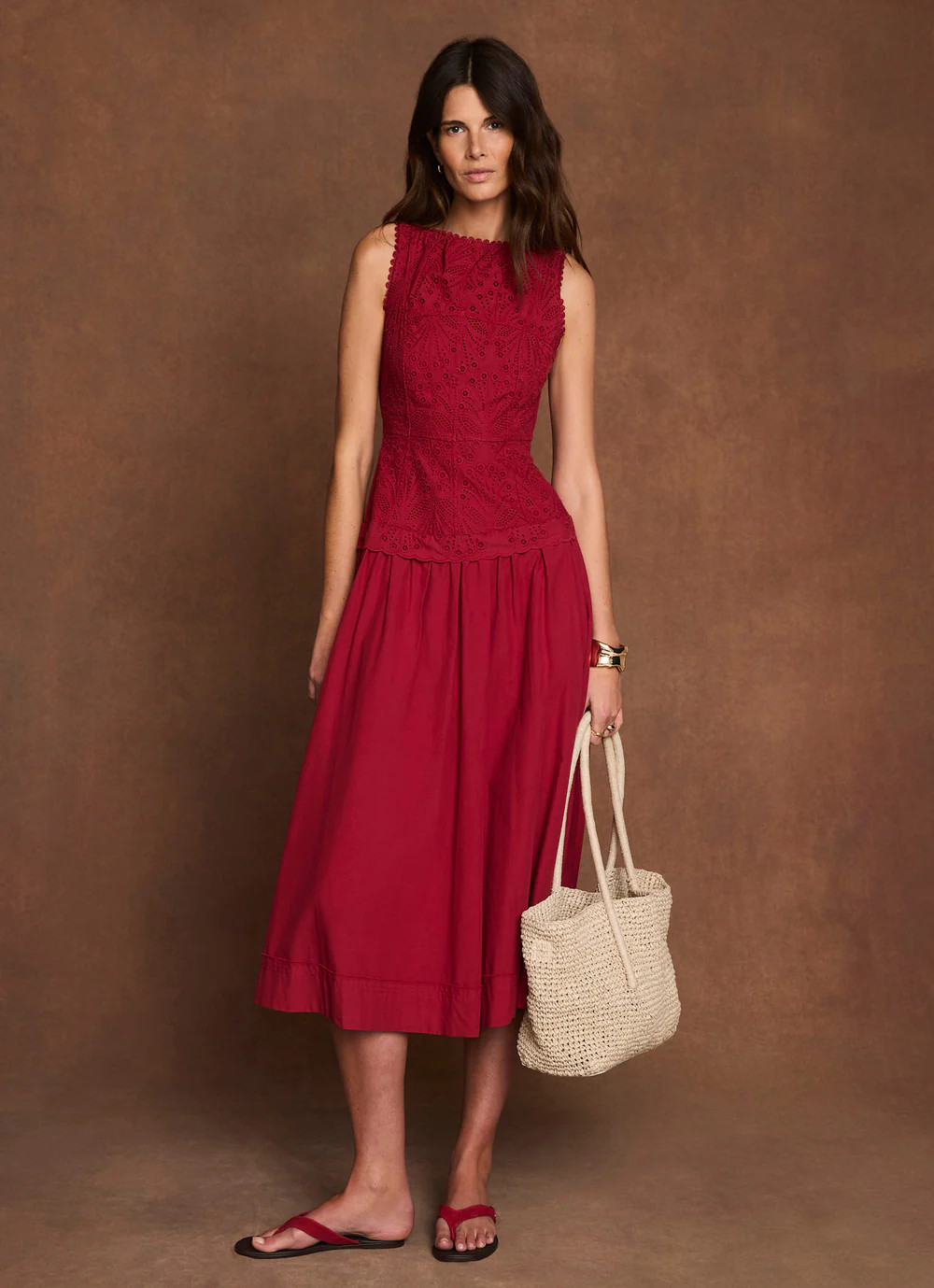 Red Cotton Broderie Midi Dress | Mint Velvet