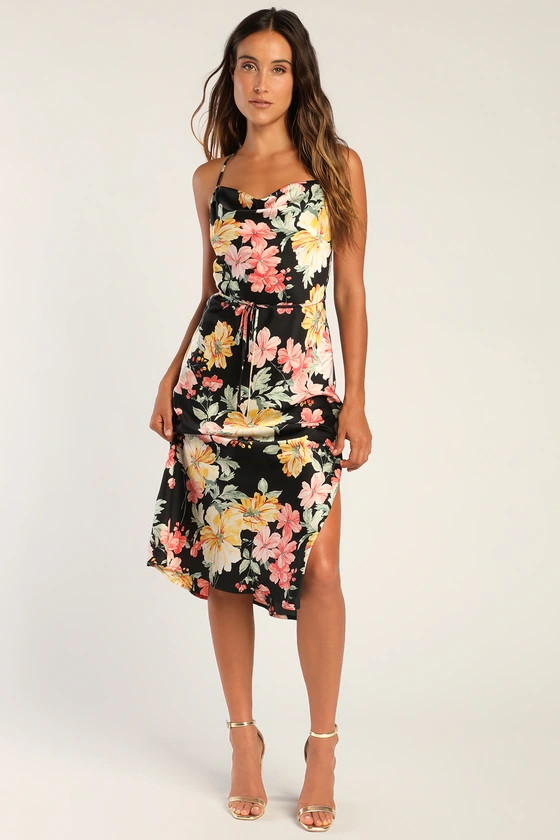 Romantic Wishes Black Floral Print Cowl Neck Backless Midi Dress | Lulus (US)