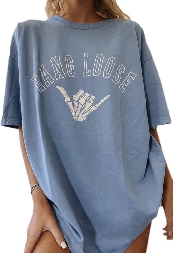 Fenxxxl Womens Round Neck Oversized Tshirts Loose Casual Summer Shirts Junior Tops Boyfriend Grap... | Amazon (US)