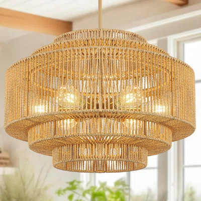 Abilene 6 - Light Dimmable Hand-Woven Rattan Bohemian Drum Chandelier for Living Room Kitchen Entryway Hallway Foyer | Wayfair North America