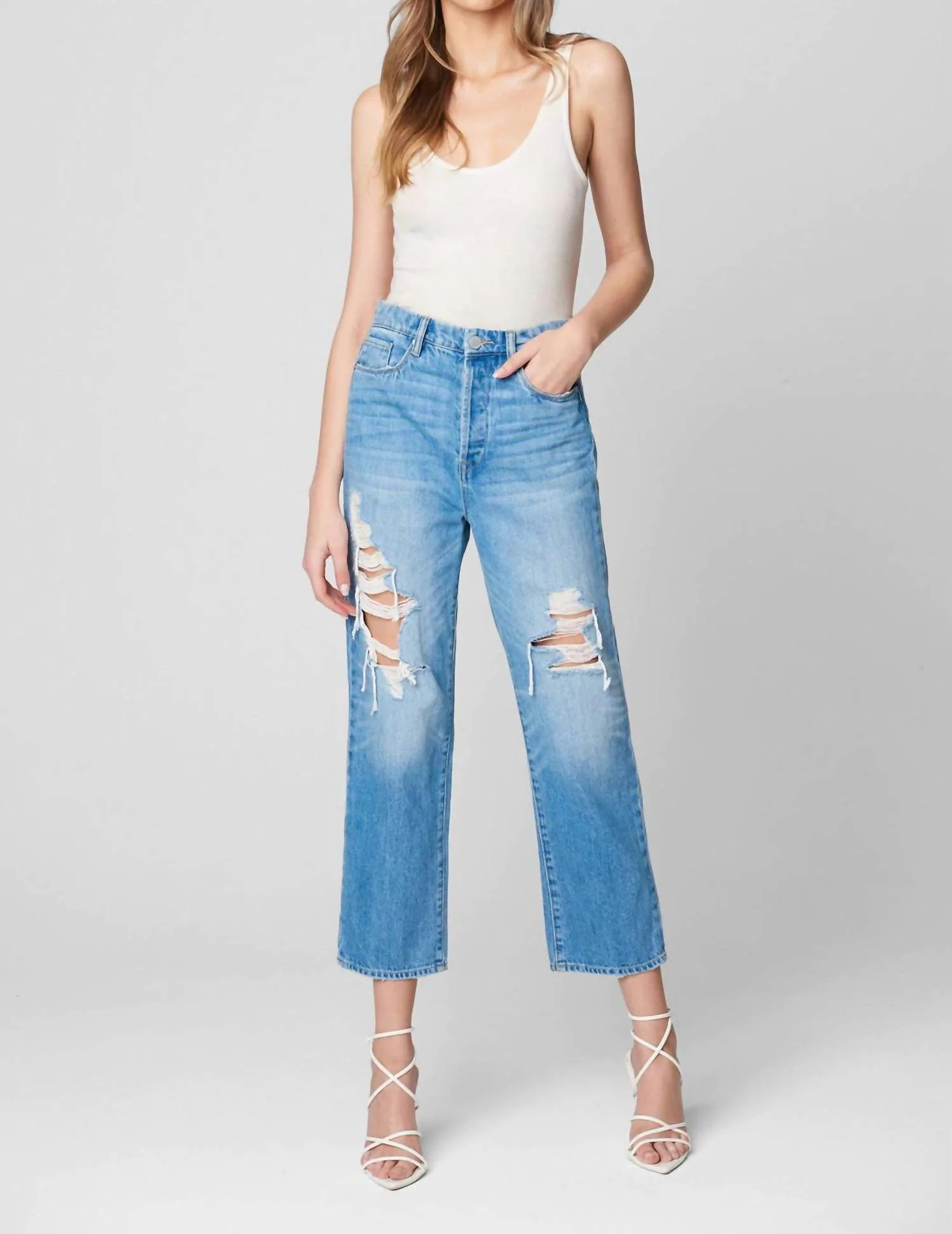 Straight Leg Ripped Jean In Blue Denim | Shop Simon