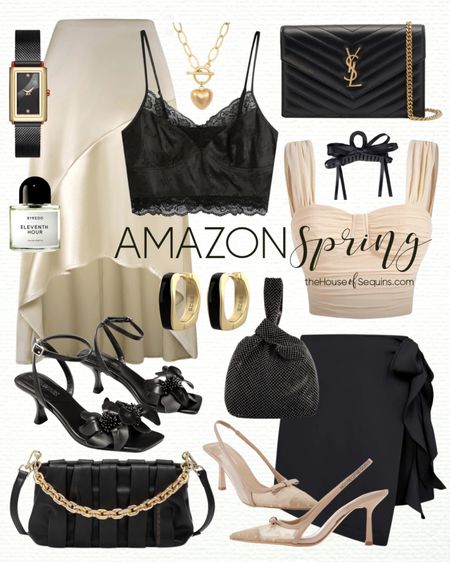 Shop these Amazon spring outfit finds! Date night out and party looks. Silk skirt, lace cami, wrap skirt, bustier top, satin cami, slingback heels, kitten heel sandals, Saint Laurent clutch, quilted bag and more! 

Follow my shop @thehouseofsequins on the @shop.LTK app to shop this post and get my exclusive app-only content!

#liketkit 
@shop.ltk
https://liketk.it/4AMQp

#LTKstyletip #LTKshoecrush #LTKSeasonal