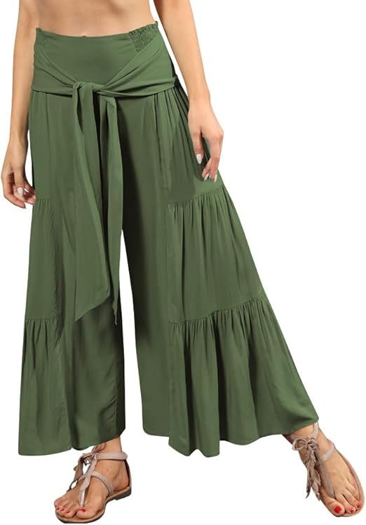 IWEMEK Women's Boho Palazzo Pants Casual Loose Wide Leg Lounge Pants Bohemian Beach Pants with Be... | Amazon (US)