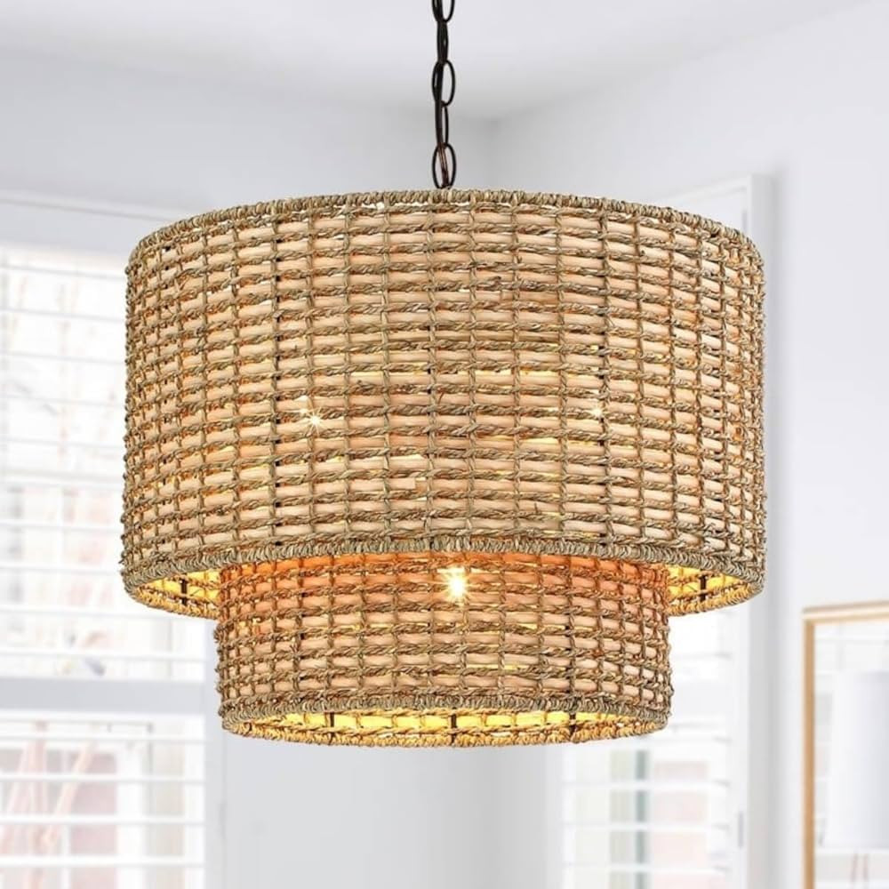 20 in. 4-Light Natural Rattan Double Drum Pendant Light with Black Canopy,Adjustable Vintage Ratt... | Amazon (US)