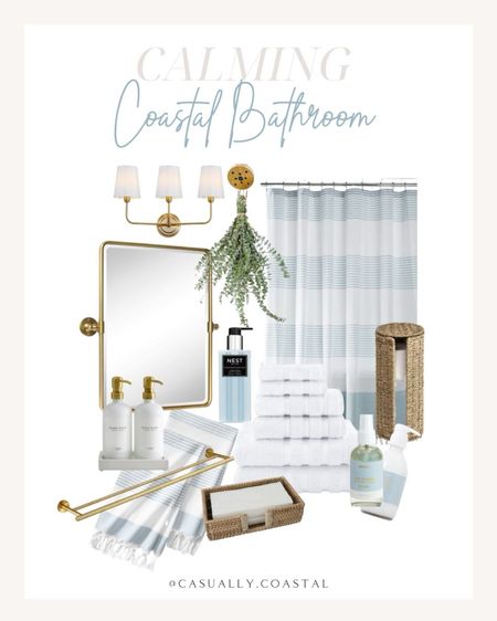 Soothing blues and whites with a sprinkling of woven pieces creates a soothing, coastal bathroom spa-like retreat!
- 
Amazon home decor, Amazon bathroom decor, coastal bathroom decor, natural eucalyptus, self care, spa shower, coastal shower, amazon bath towels, white towel set, glass soap dispenser set, gold bathroom mirror, amazon mirrors, coastal lighting, Amazon bathroom light, bathroom accessories, seagrass toilet paper holder, seagrass basket, amazon baskets, nest fragrance, towel holder, paper guest towels, cotton hand towels, coastal towels, turkish towels, luxury lotion, room spray, amazon bath mat, woven hamper

#LTKFindsUnder100 #LTKFindsUnder50 #LTKHome