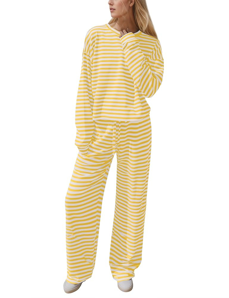 Ythomm Striped Pajamas Womens 2 Piece Sets Long Sleeve Tee Shirts Drawstring Wide Leg Pants Match... | Amazon (US)