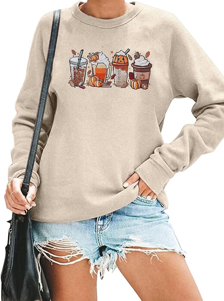Coffee Sweatshirts for Women Fall Crewneck Sweatshirt Halloween Pumpkin Latte Drink Cup Graphic Tee  | Amazon (US)