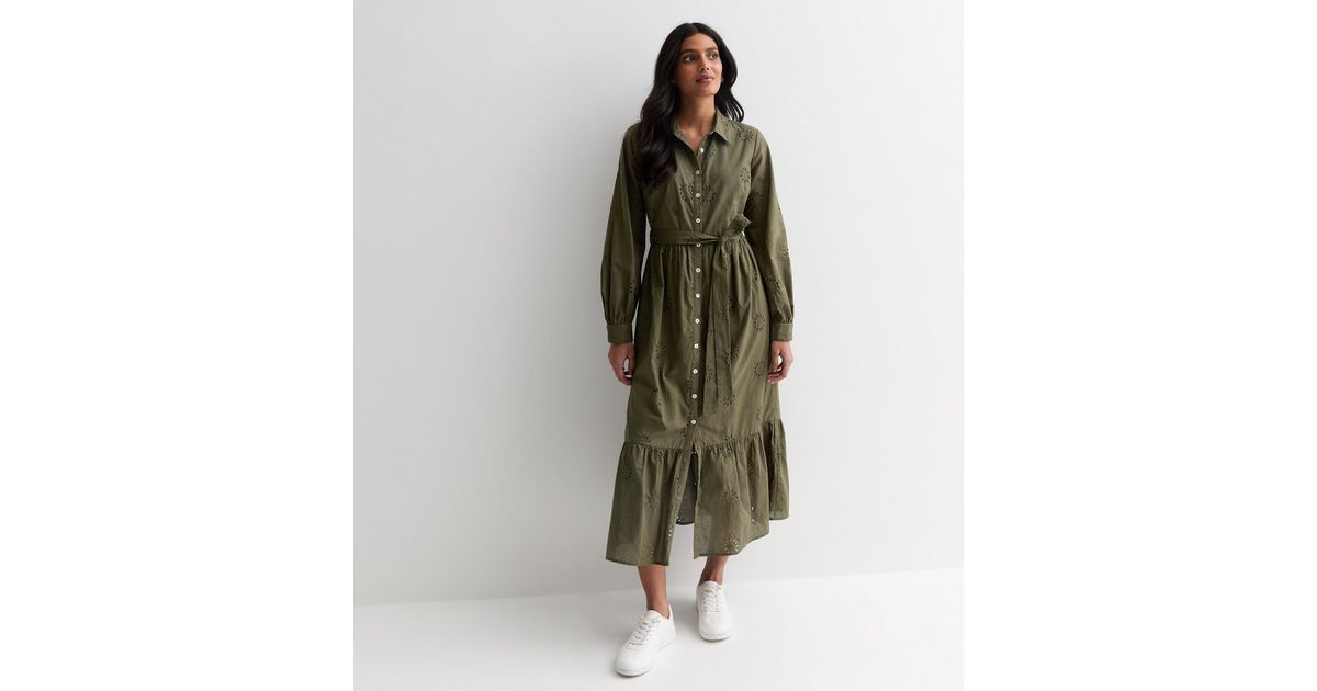 Olive Cotton Flower Broderie Belted Midi Shirt Dress
						
						Add to Saved Items
						Remove... | New Look (UK)