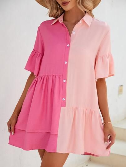 Two Tone Flounce Sleeve Ruffle Hem Smock Dress | SHEIN