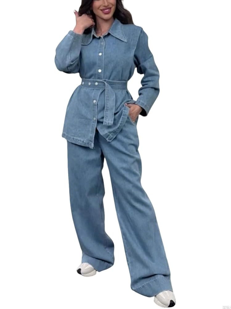 utcoco Women's Denim Two Piece Set Long Sleeve Belted Shirt Jacket High Waist Wide Leg Jeans Pant... | Amazon (US)