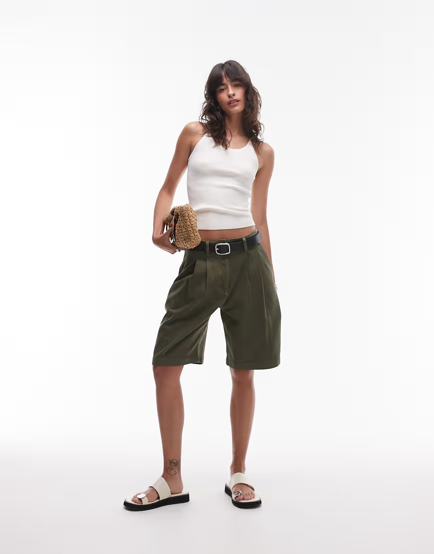 ARKET mid waist front crease bermuda shorts in khaki-Green | ASOS (Global)