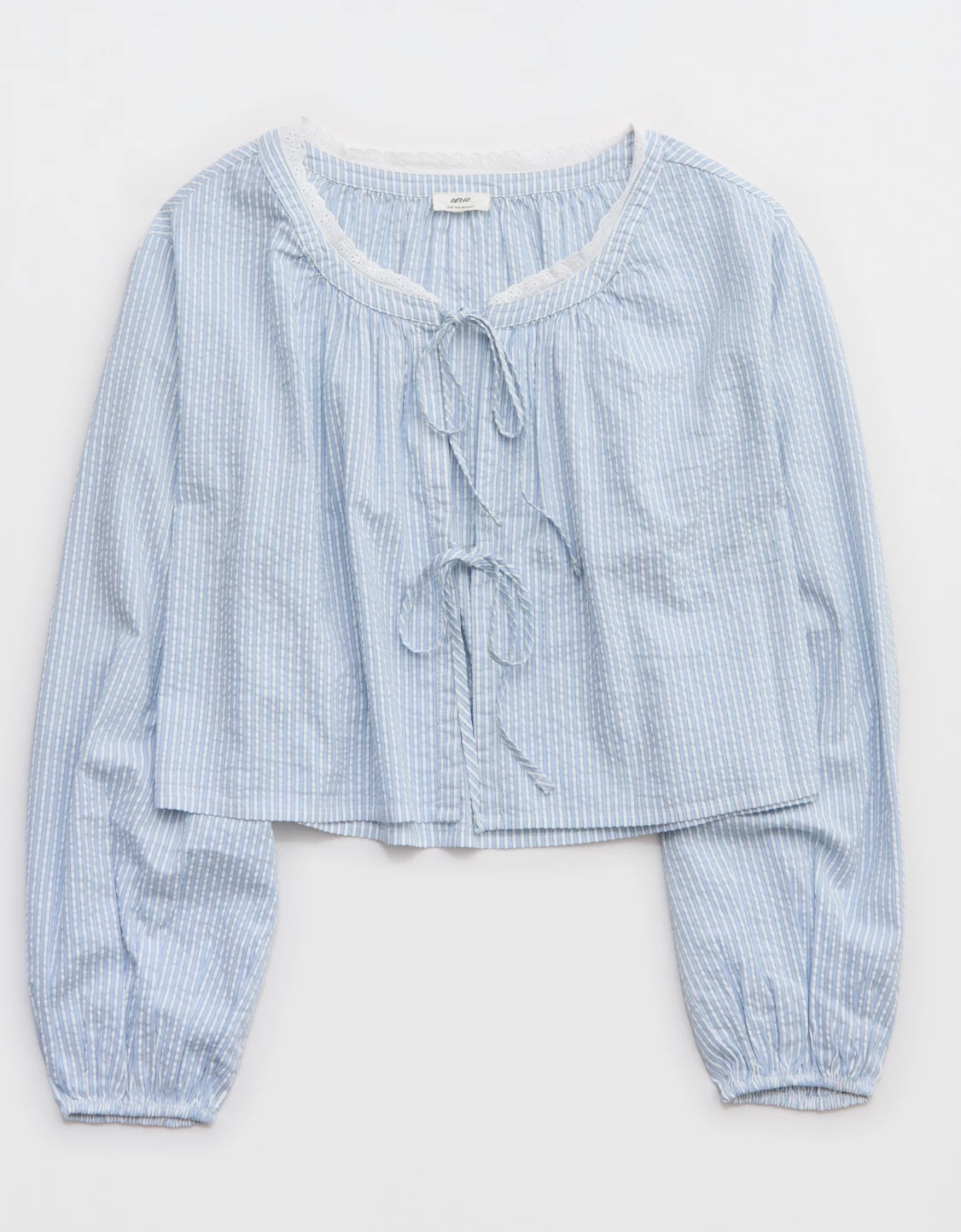 Aerie Seersucker Long Sleeve Volume Tie Top | Aerie
