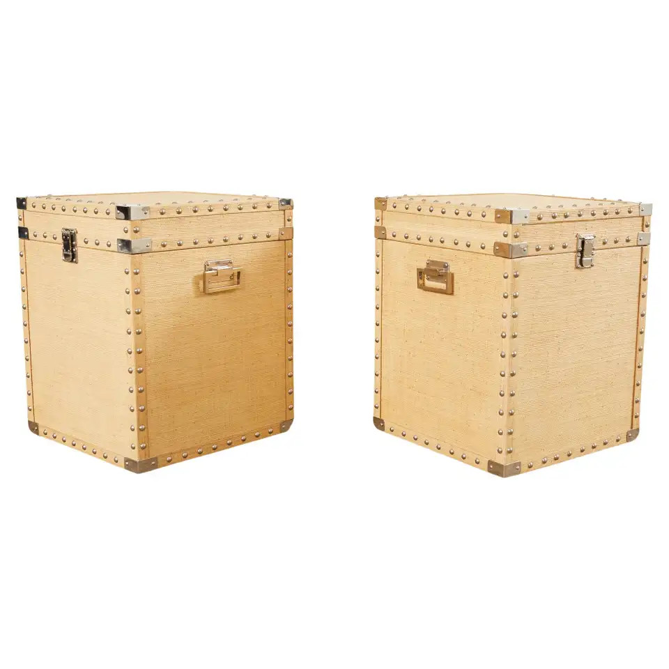 Pair of Raffia Grasscloth Campaign Style Hat Trunk Boxes | 1stDibs