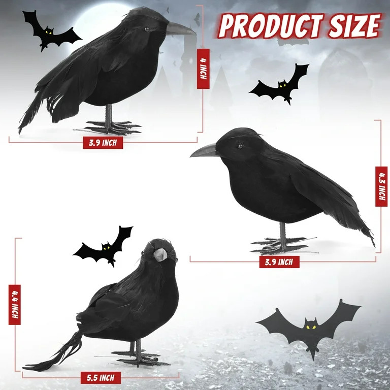 Halloween Crows Realistic Scary Black Bird Decorations  in 3 Sizes, Lifelike Feathered Raven Set ... | Walmart (US)