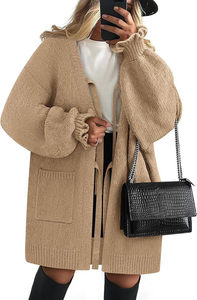 Women's 2025 Long Sleeve Cardigan Sweaters Open Front Bow Tie Up Cardigan with Pockets | Amazon (US)